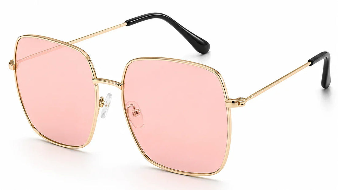 Pink mirrored sunglasses with gold frame and black arms, stylish women's UV protection shades