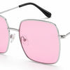 Pink square sunglasses with silver frame and UV protection for women
