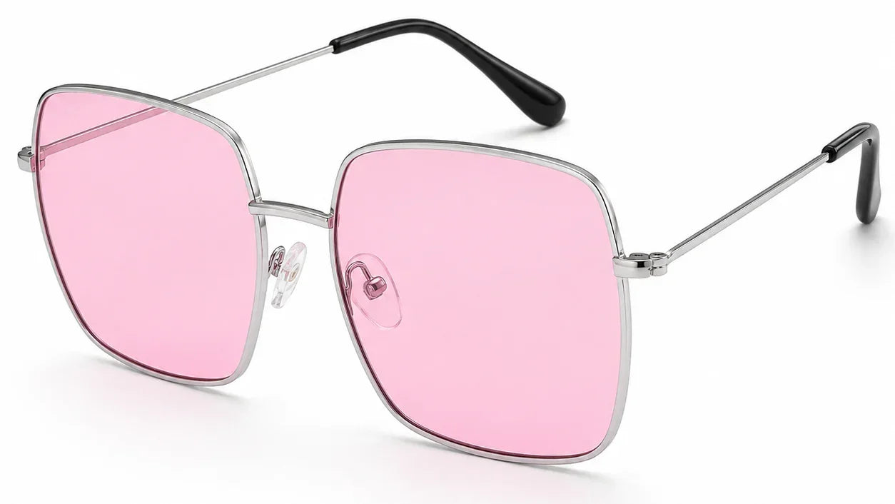 Pink square sunglasses with silver frame and UV protection for women