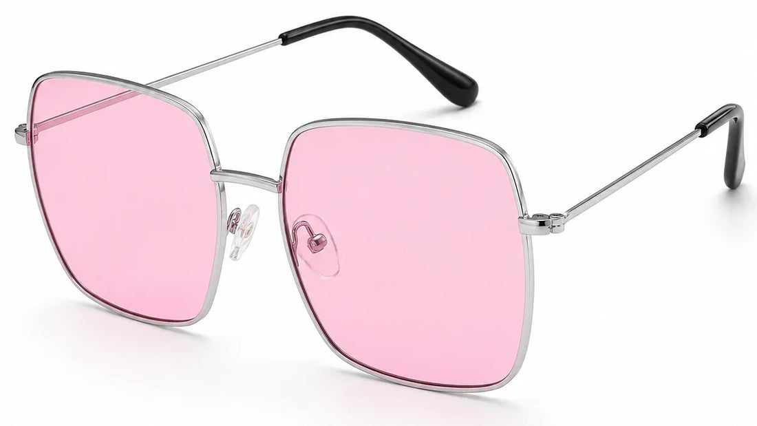 Pink square sunglasses with silver frame and UV protection for women