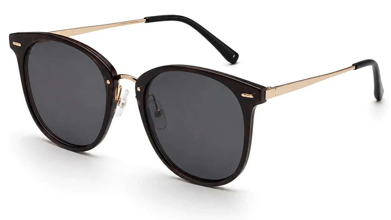 Stylish women's sunglasses with tortoiseshell frames, gold accents, and polarized UV protection lenses