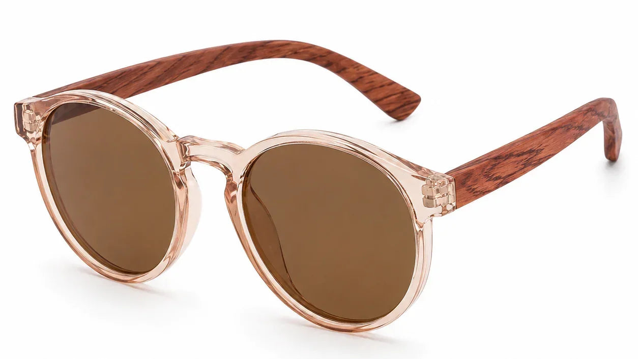 Round women's sunglasses with wood grain arms, polarized brown lenses, UV protection