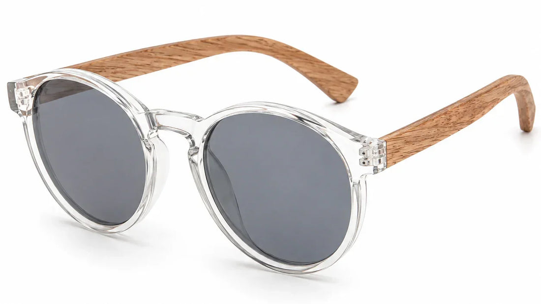 Clear frame sunglasses with wood arms and gray polarized lenses for women