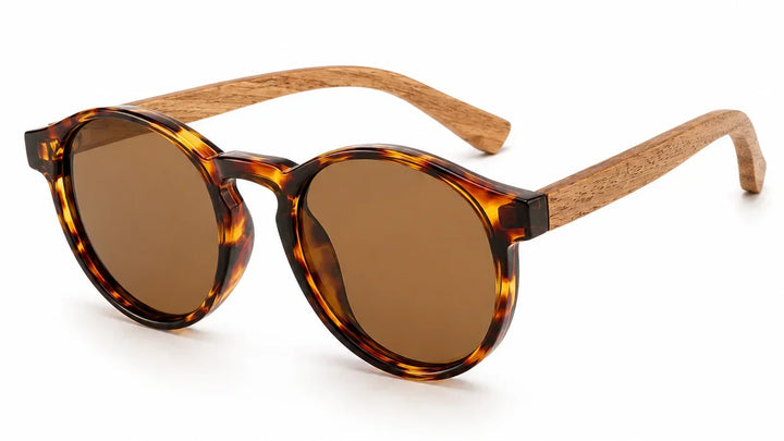 leopard print round frame ladies sunglasses with wood arms