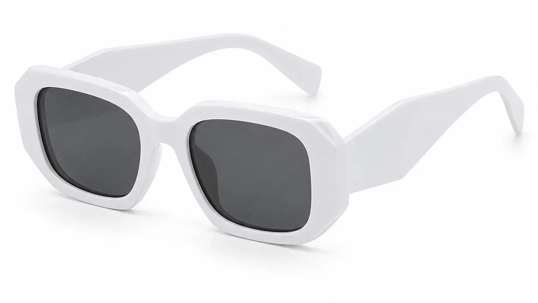 White oversized square sunglasses with dark lenses, stylish women's UV protection shades