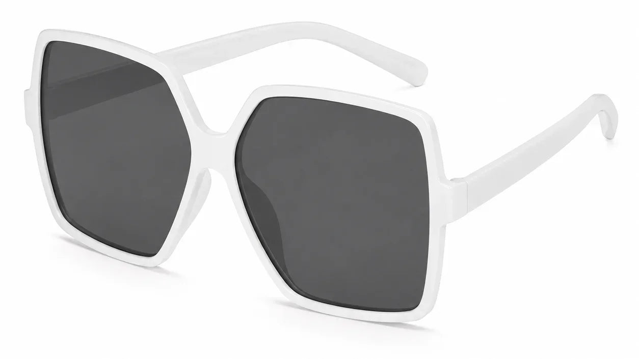 White oversized square sunglasses with dark lenses, stylish UV protection for women