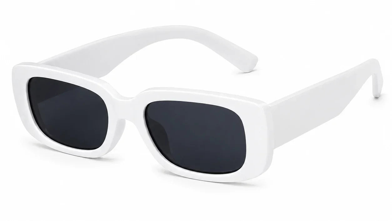White rectangular sunglasses with black lenses, stylish women's UV protection eyewear