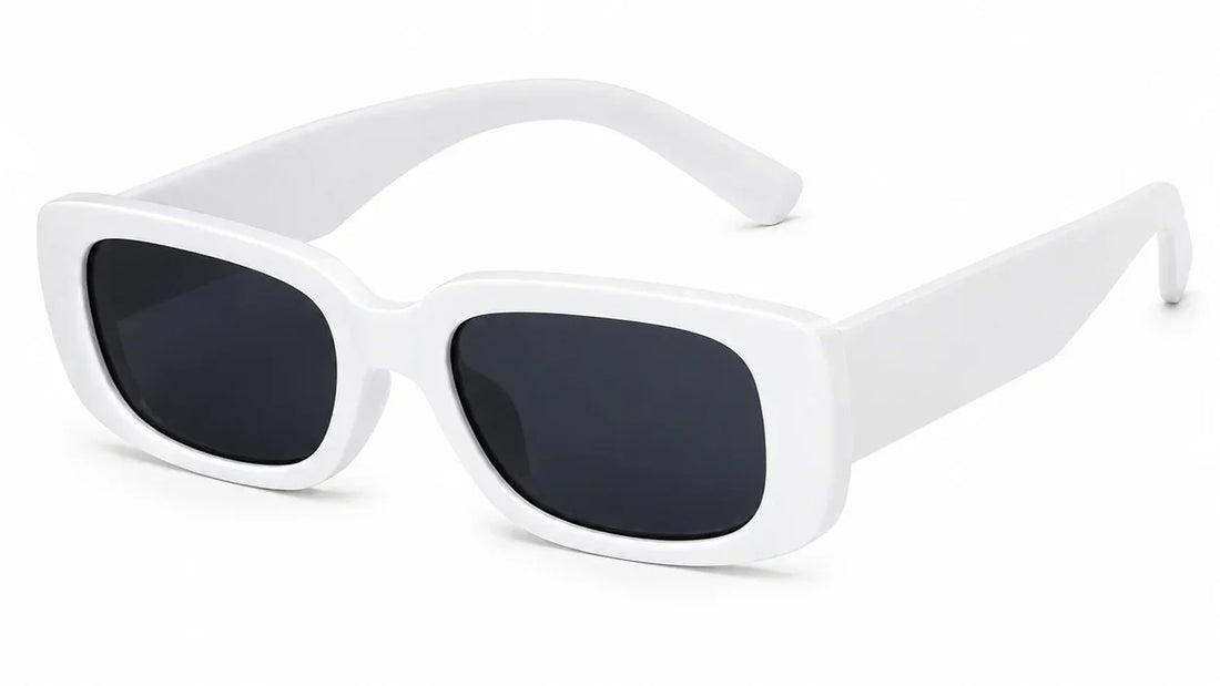White rectangular sunglasses with black lenses, stylish women's UV protection eyewear