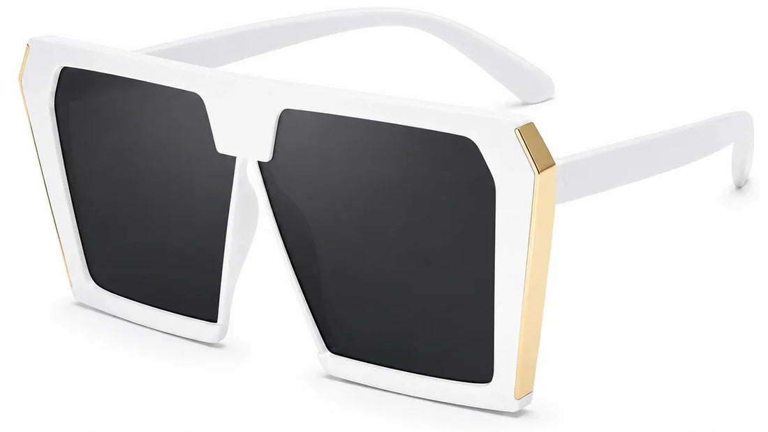 White oversized sunglasses with gold accents, UV protection, polarized lenses for women