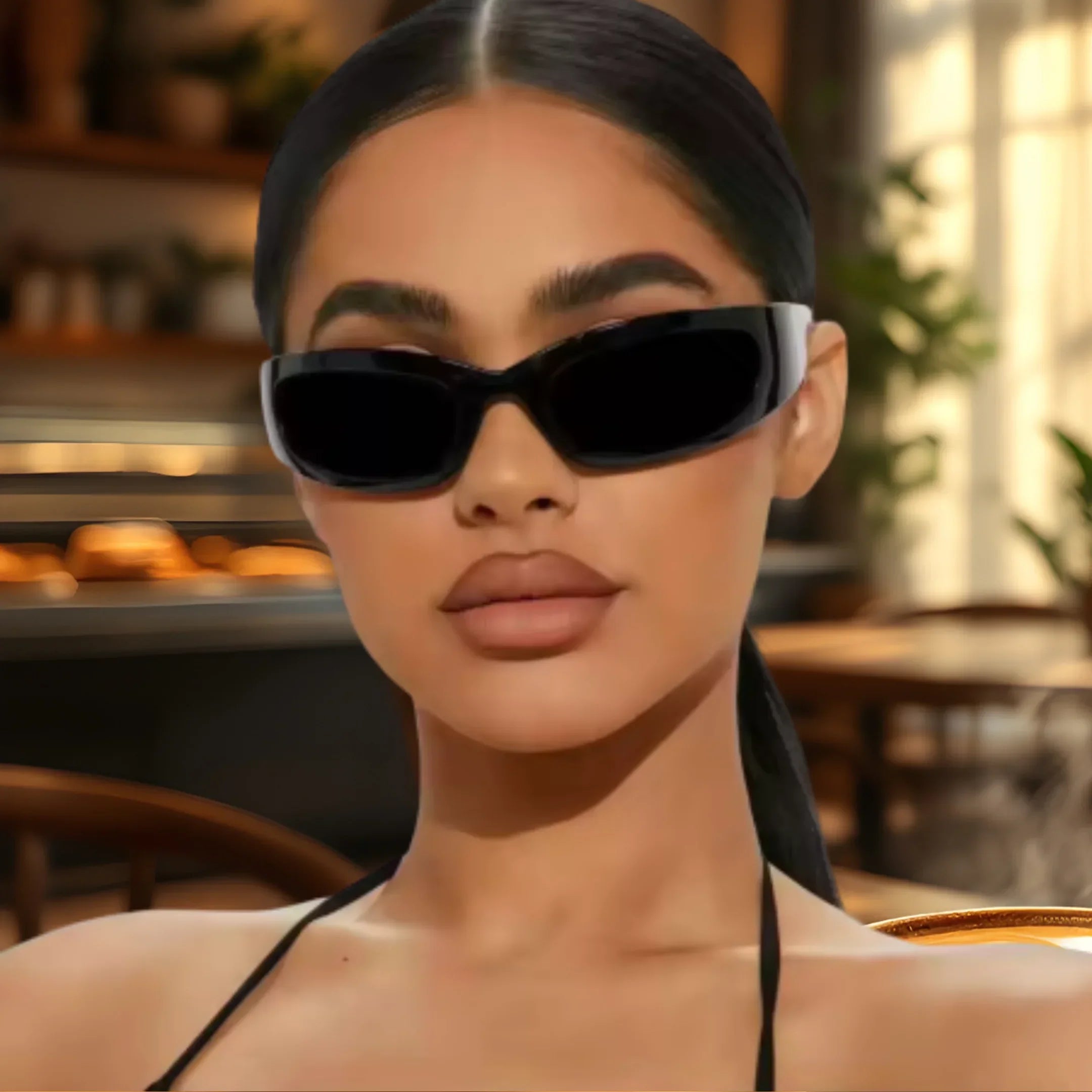 Stylish black cat-eye sunglasses with UV protection for women, perfect for café outings