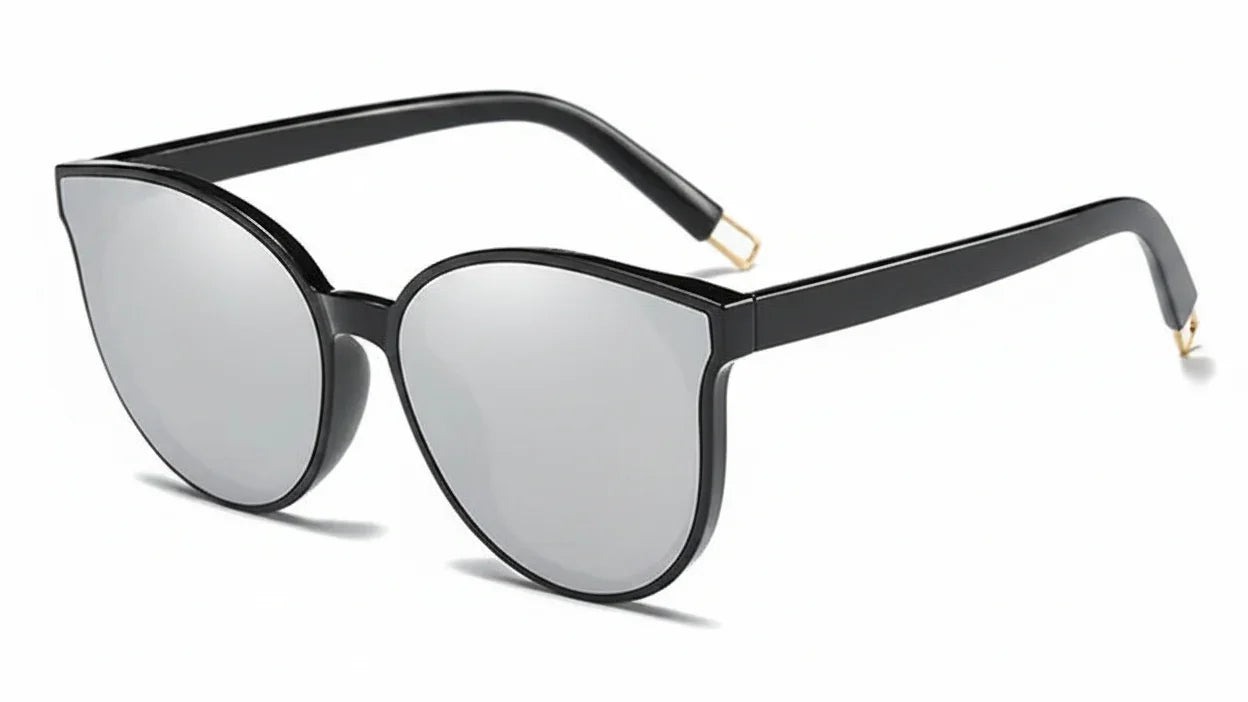 Stylish black cat-eye sunglasses with silver mirrored lenses and gold accents, UV protected and polarized.