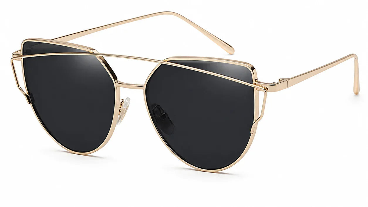 Gold frame cat-eye sunglasses with black polarized lenses for women