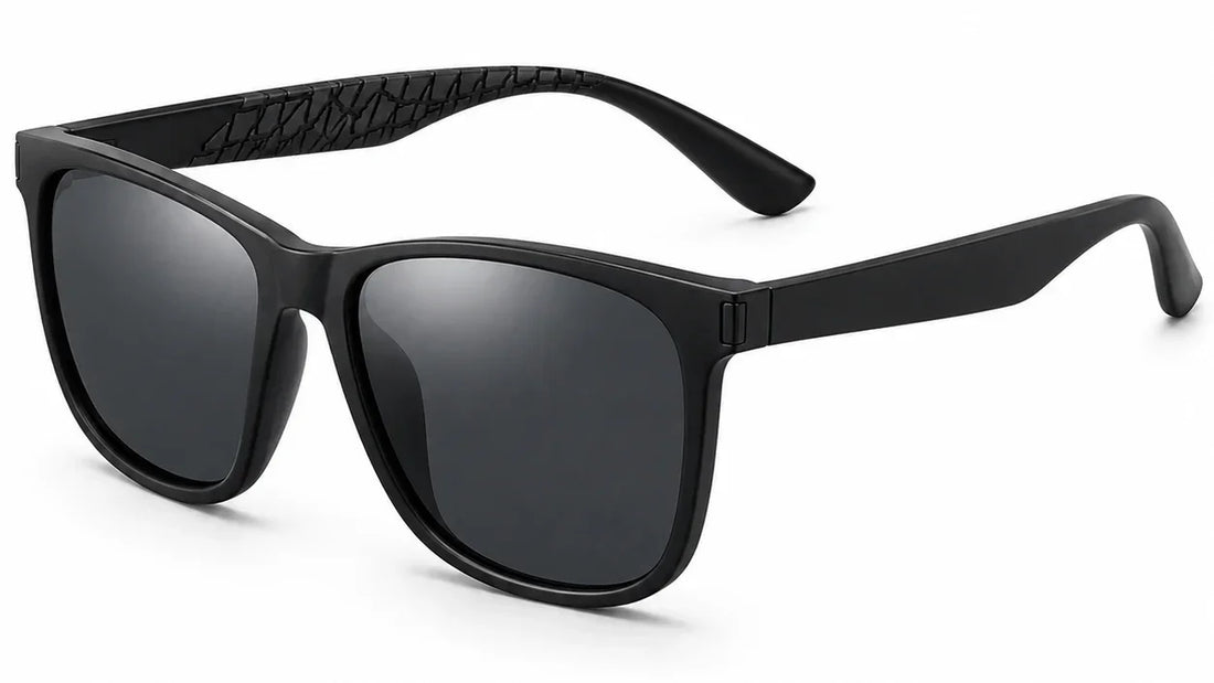 Black wayfarer sunglasses with textured temples, UV protection and polarization for women