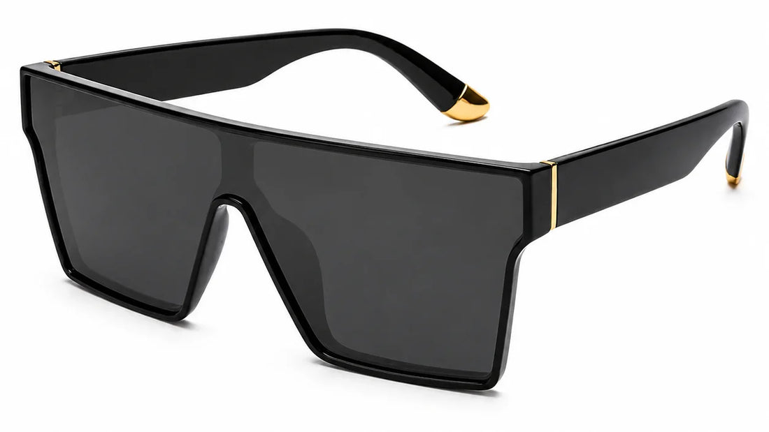 Black oversized sunglasses with gold accents, UV protection, polarized lenses, stylish women's fashion