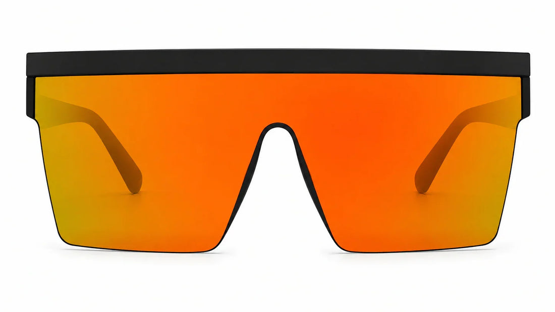 Stylish orange mirrored sunglasses with black frame, UV protection and polarization for women
