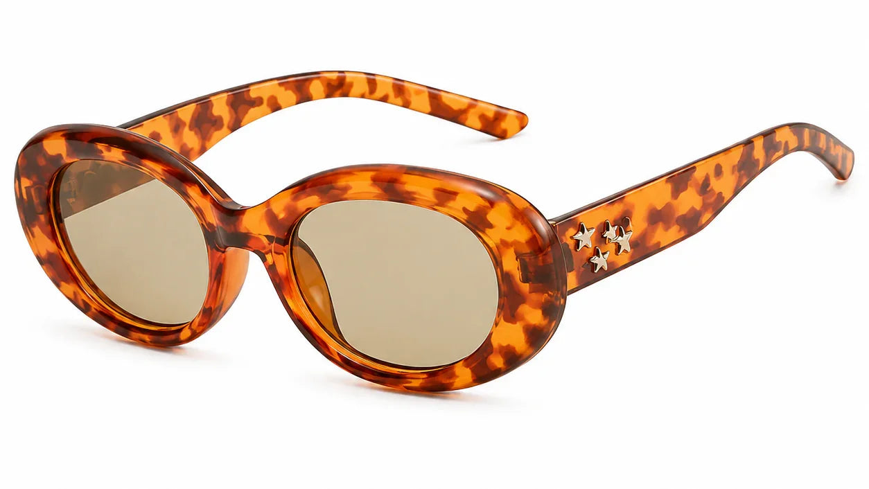 Tortoiseshell oval sunglasses with star accents, polarized lenses, UV protection for women