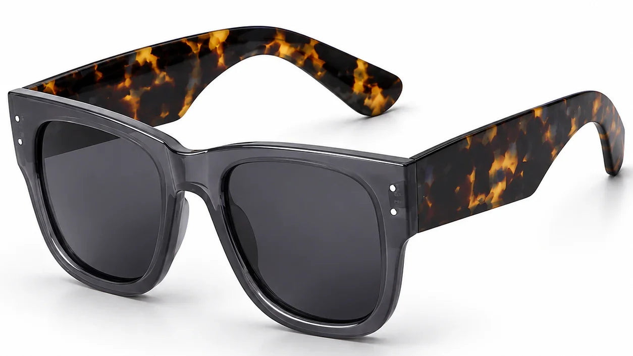 Stylish women's sunglasses with tortoise shell arms, UV protection, and polarized lenses for trendy sunwear.