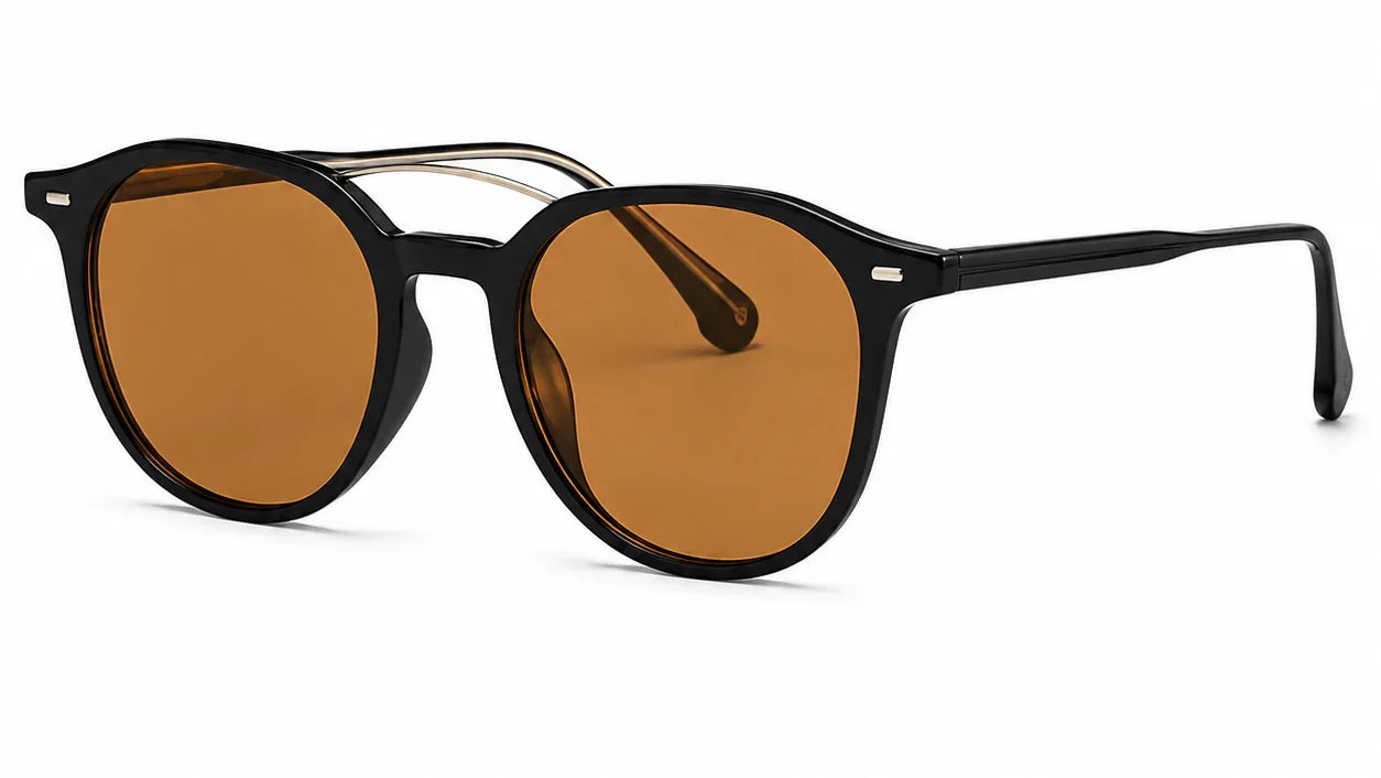 Stylish round sunglasses with black frames and amber lenses, UV protection for women