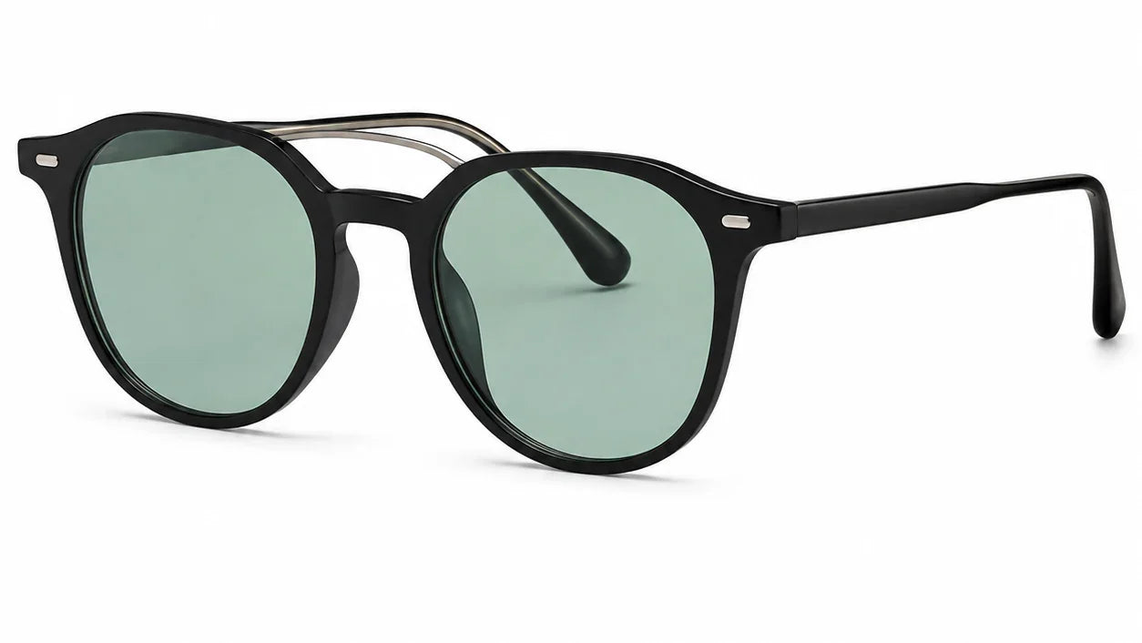Black round sunglasses with green polarized lenses, stylish UV protection for women