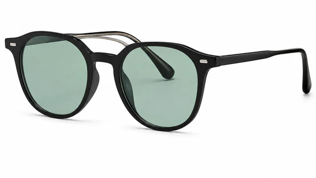 Black round sunglasses with green polarized lenses, stylish UV protection for women