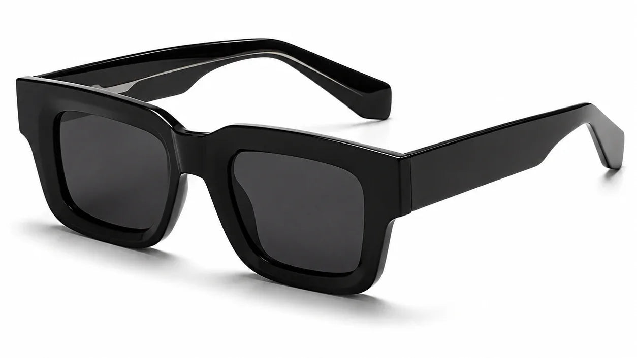 Black square frame sunglasses with dark lenses, stylish and modern design for women