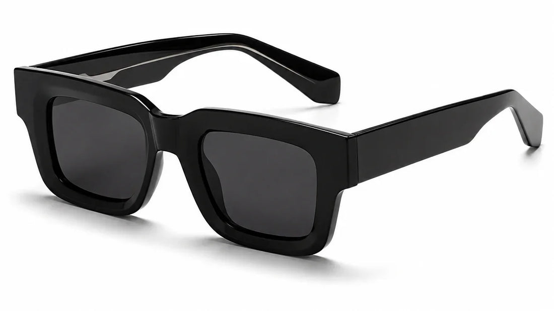Black square frame sunglasses with dark lenses, stylish and modern design for women