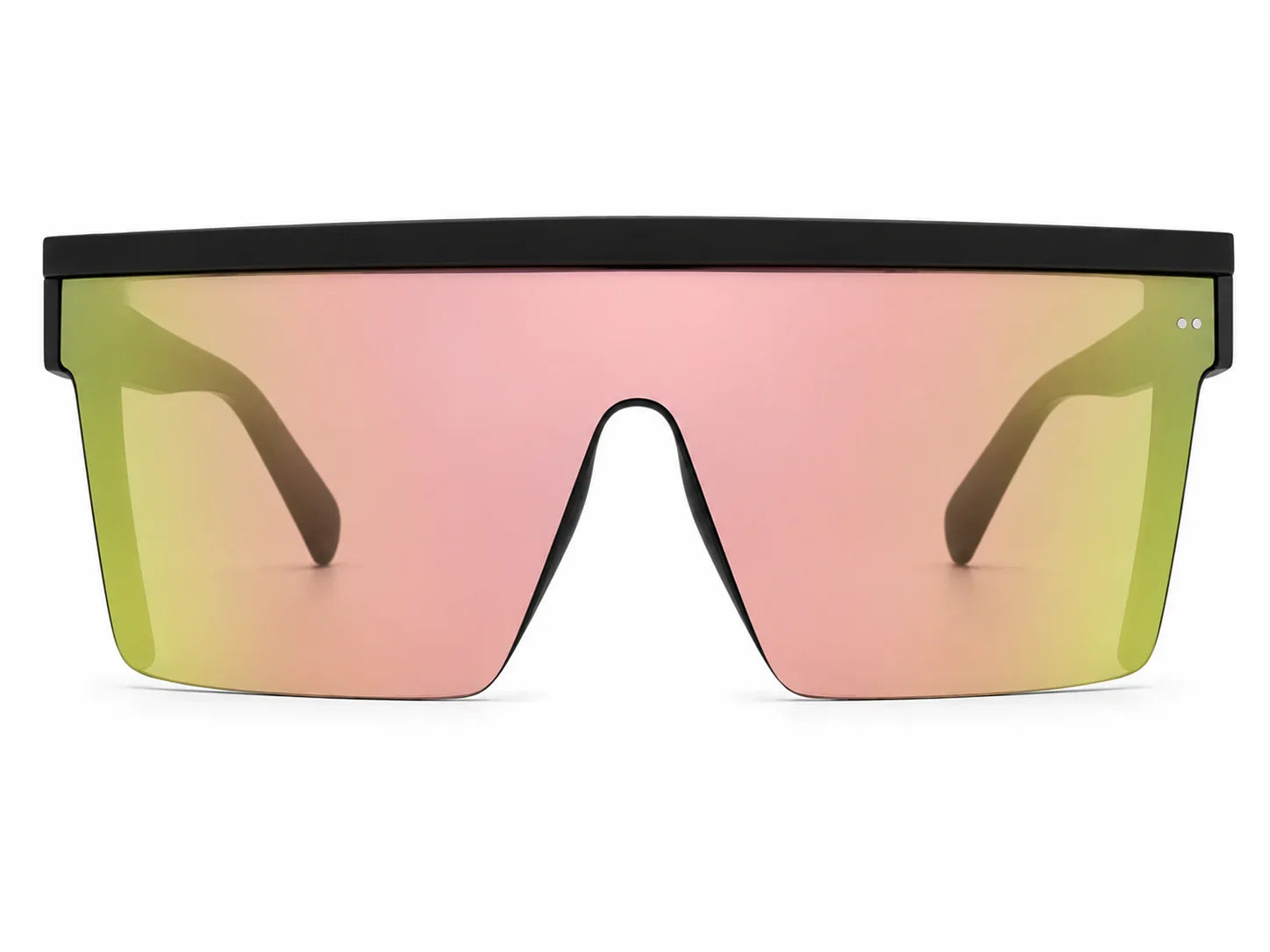 Stylish women's shield sunglasses with pink-green gradient lenses and UV protection