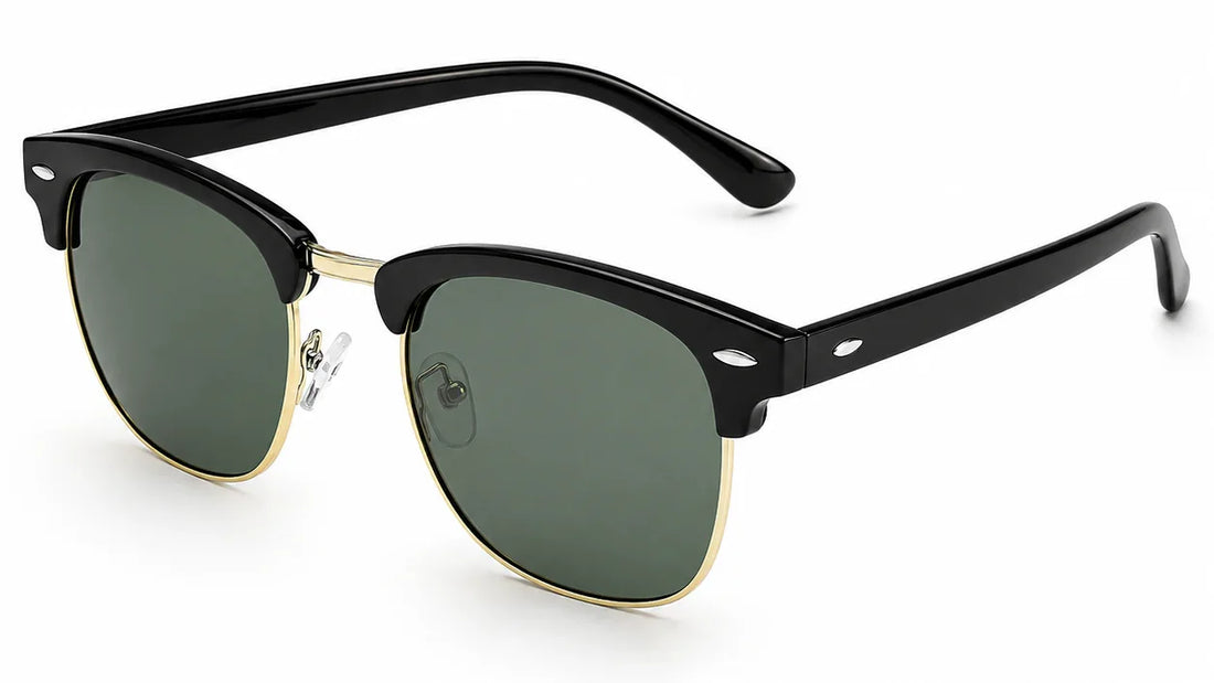 Stylish black and gold women's sunglasses with green polarized lenses for UV protection