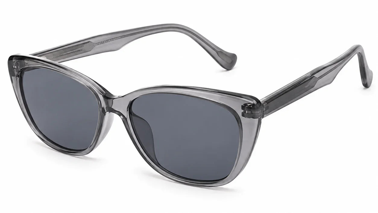 Stylish cat-eye sunglasses with gray tinted lenses and translucent frames, perfect for women's fashion.