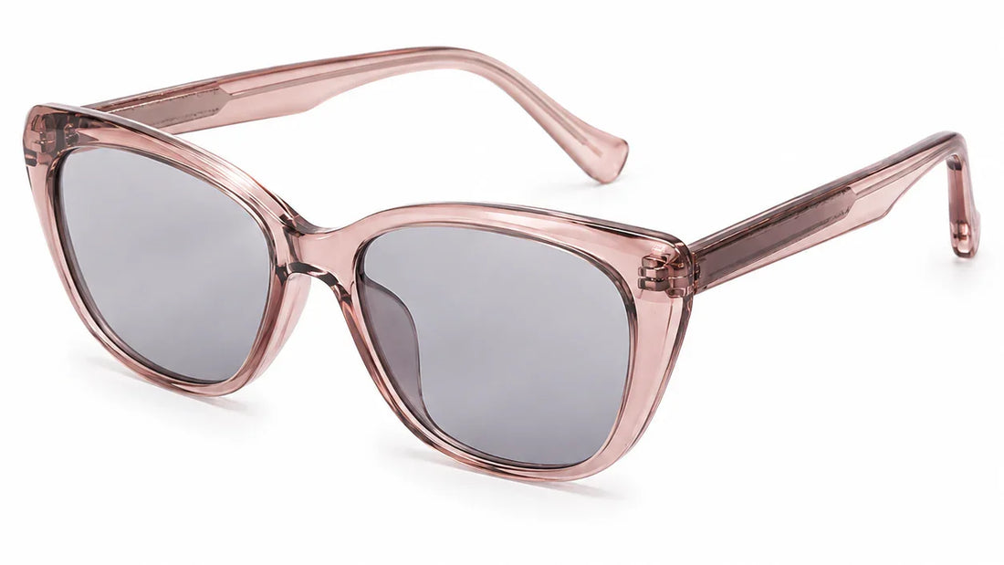 Pink translucent cat-eye sunglasses with gray polarized lenses, stylish women's UV protection eyewear