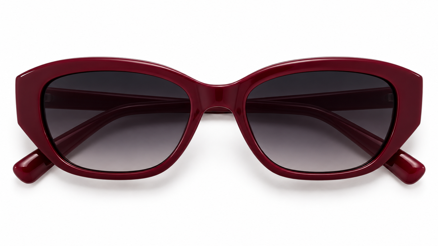 Front view of Fox Shades Brittany burgundy rectangular sunglasses, with folded arms visible behind dark gradient lenses on a white background.