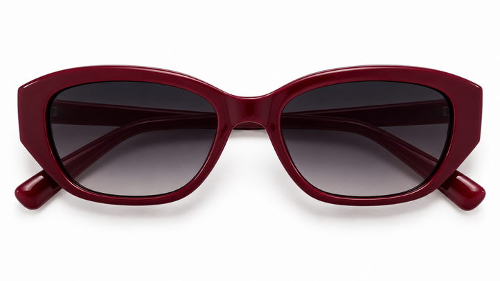 Front view of Fox Shades Brittany burgundy rectangular sunglasses, with folded arms visible behind dark gradient lenses on a white background.