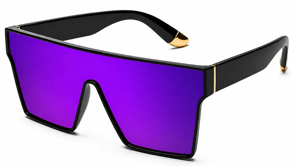 Stylish women's sunglasses with bold black frame and vibrant purple mirrored lenses, UV protection