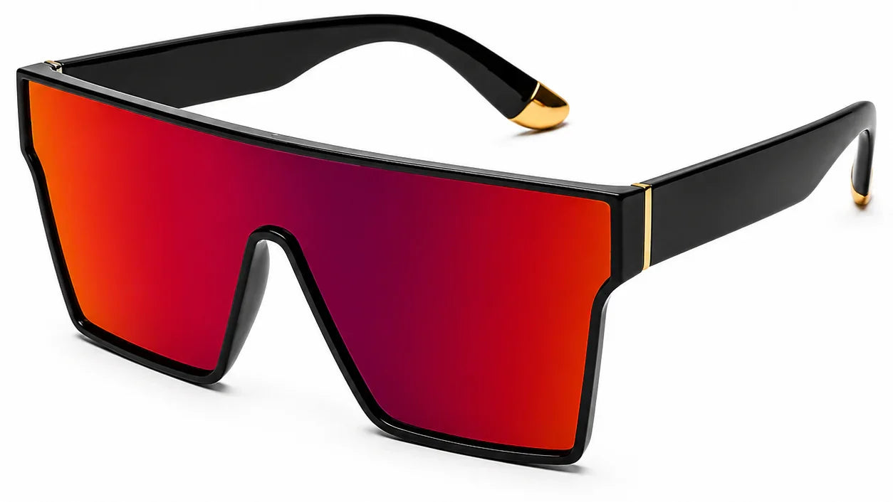 Trendy black oversized sunglasses with red gradient lenses and gold accents, UV protection
