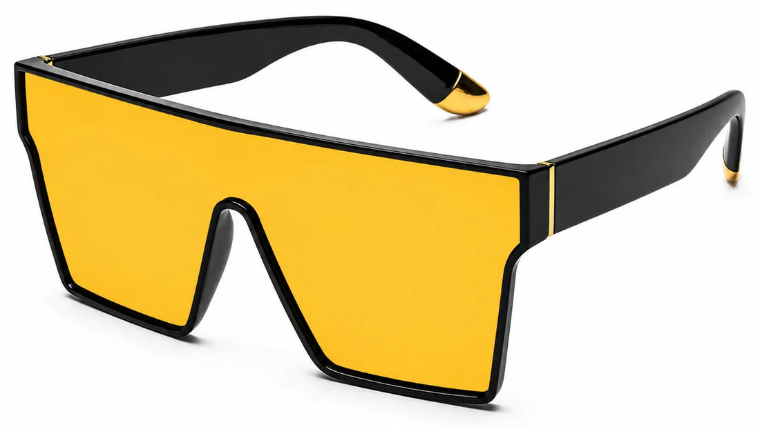 Bold black frame yellow mirrored sunglasses with gold accents, stylish UV protection eyewear for women