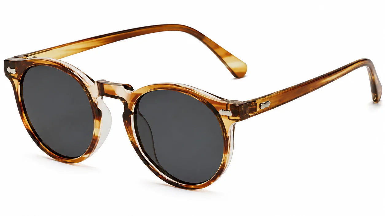 Tortoiseshell round sunglasses with dark polarized lenses, stylish women's UV protection eyewear