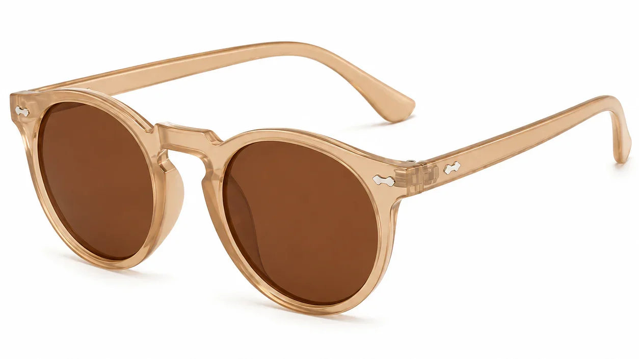 Stylish round sunglasses with brown lenses and translucent gold frames, featuring UV protection and polarization.