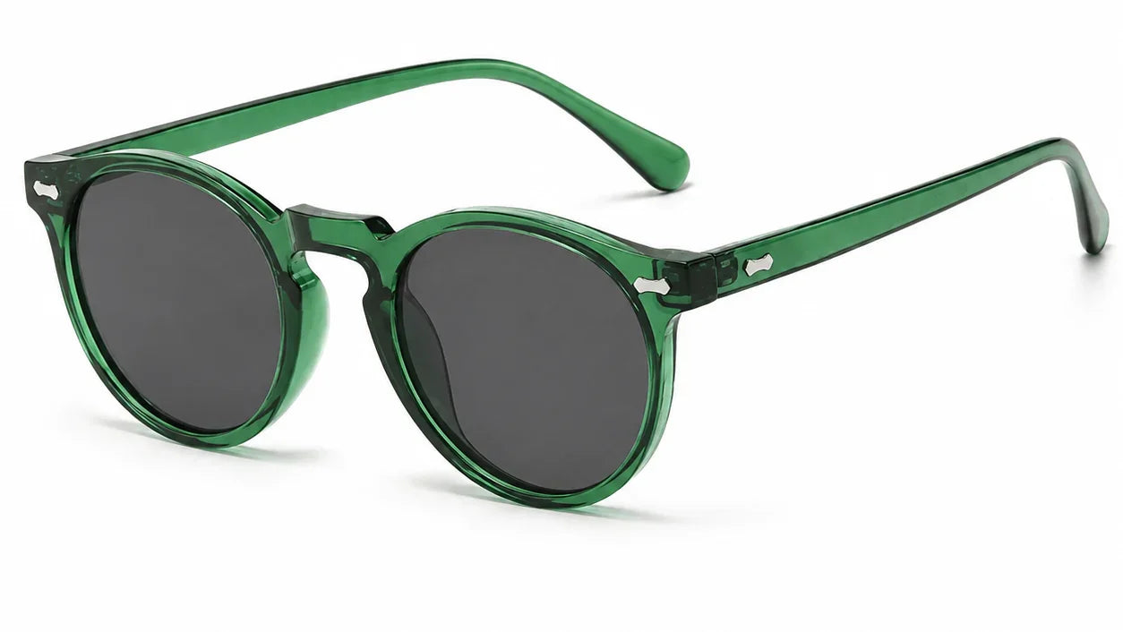 Green round sunglasses with dark polarized lenses, stylish women's UV protection eyewear