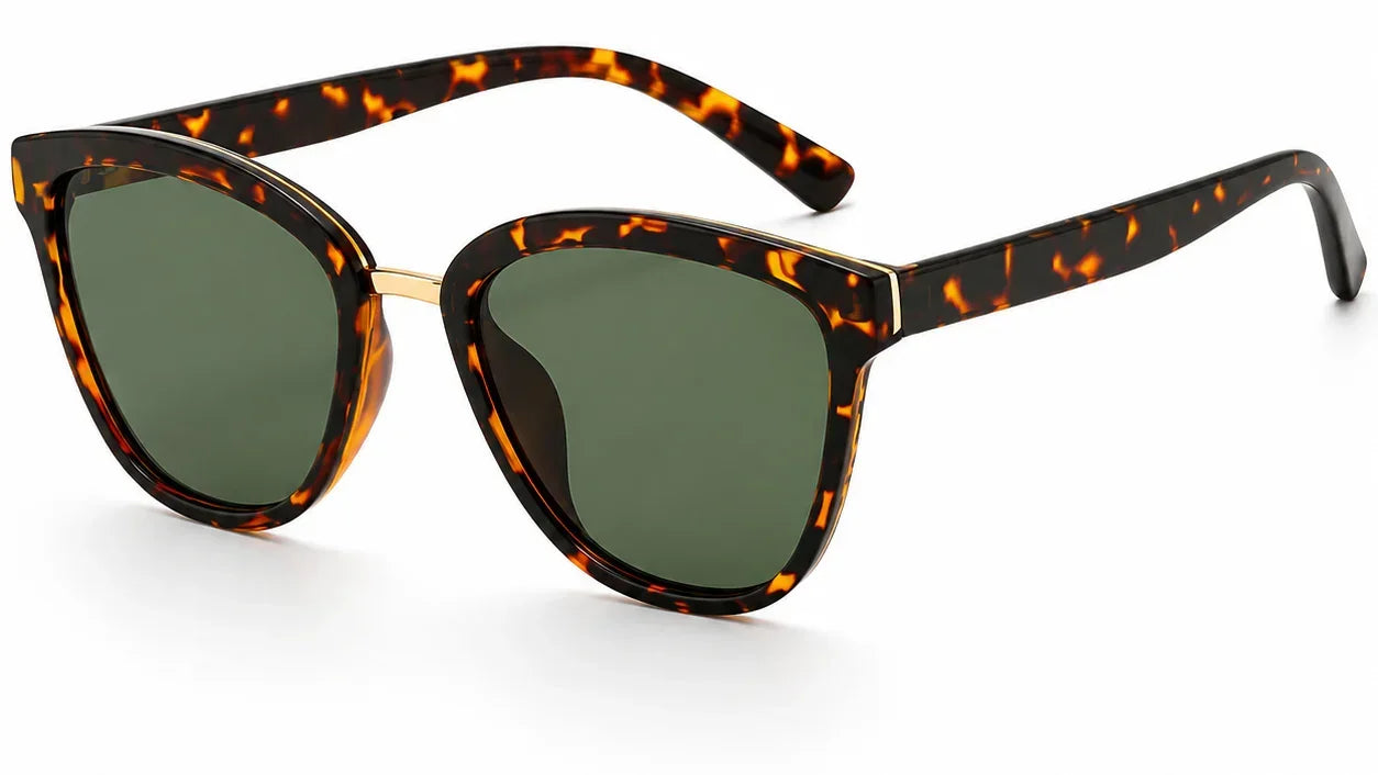 Tortoiseshell cat-eye sunglasses with green polarized lenses, stylish women's UV protection eyewear