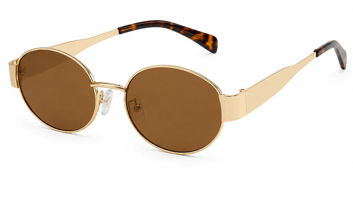 Gold oval sunglasses with tortoise temple tips, polarized brown lenses for women