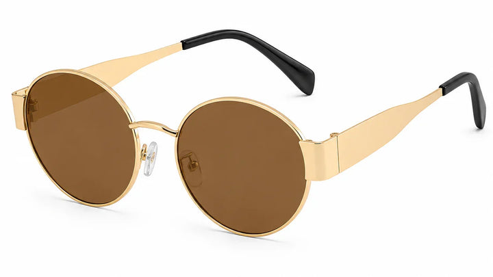 Gold round sunglasses with brown lenses and black temple tips, stylish women's sunwear with UV protection