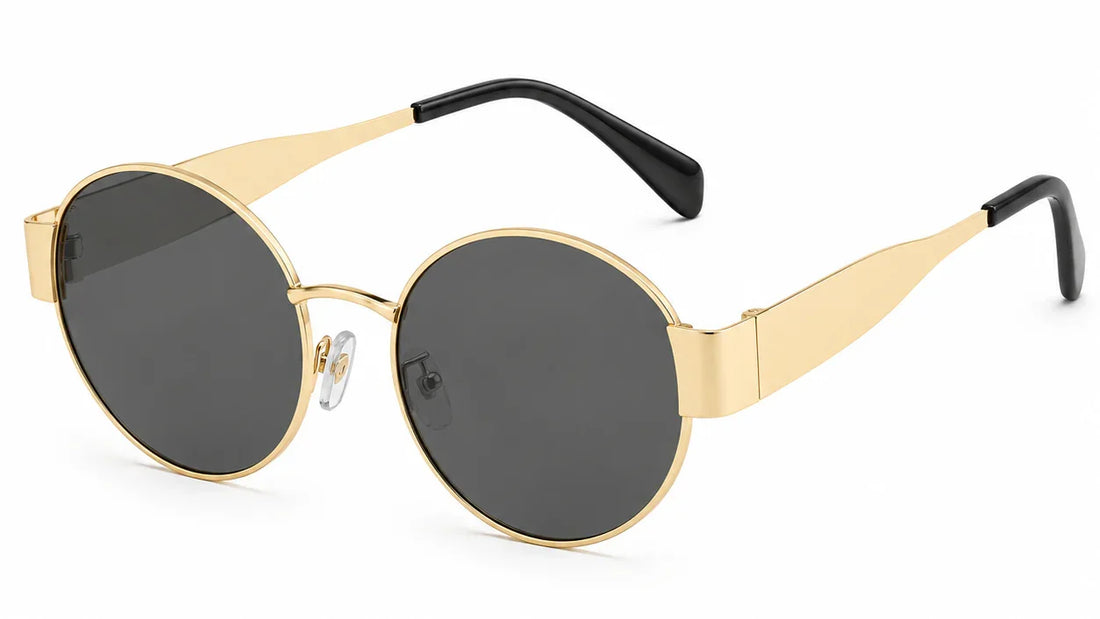 Gold round sunglasses with black lenses and sleek arms, stylish women's sunwear with UV protection