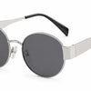 Stylish round sunglasses with silver frame and dark polarized lenses for women