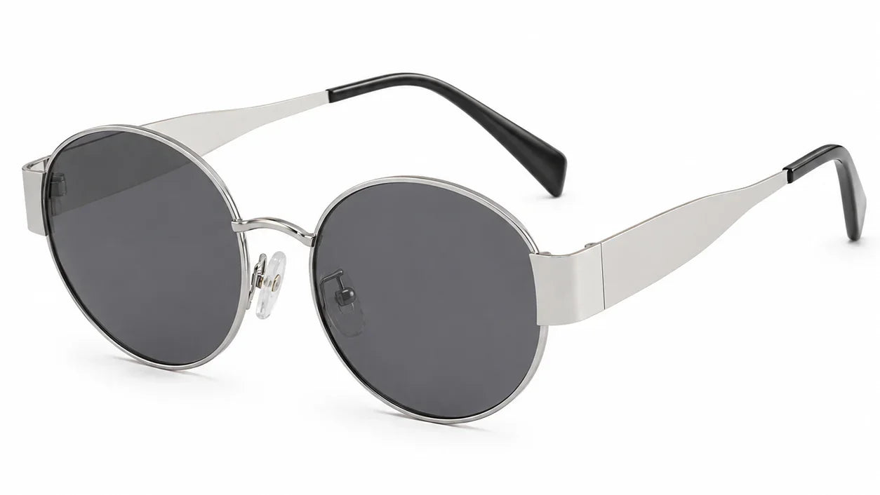 Stylish round sunglasses with silver frame and dark polarized lenses for women