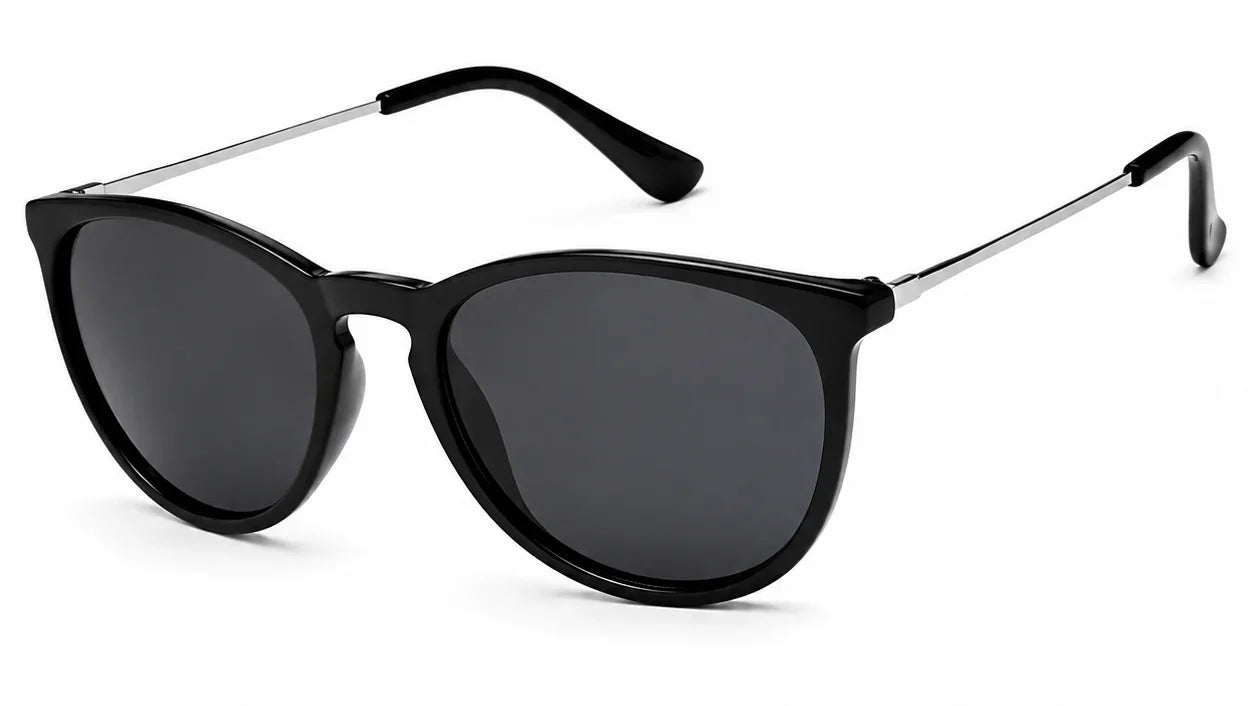 Stylish black cat-eye sunglasses with silver arms, UV protection, polarized lenses for women