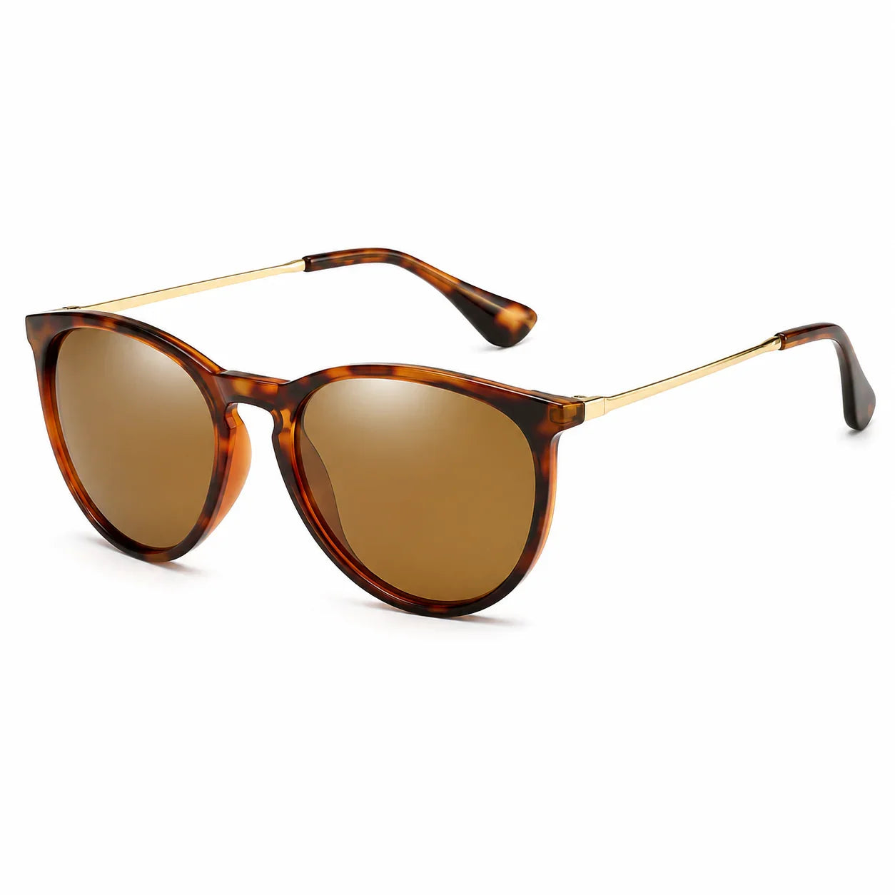 Tortoiseshell women's sunglasses with gold arms and polarized brown lenses, stylish UV protection