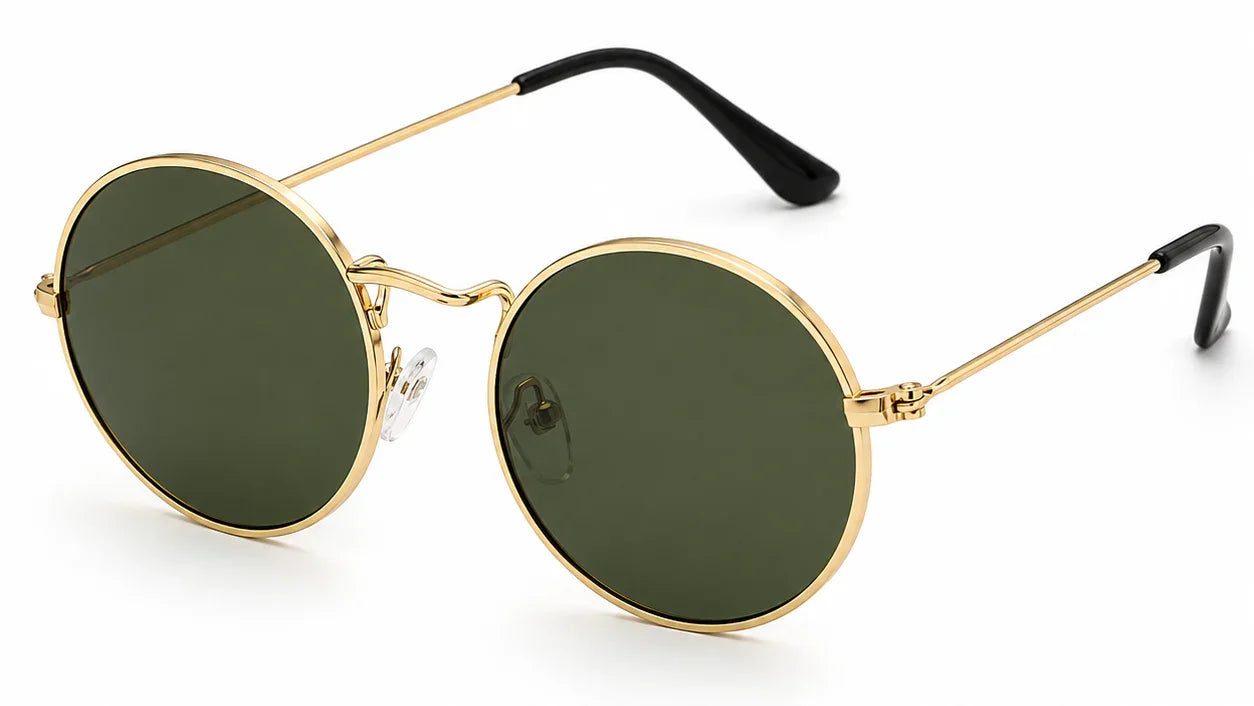 Round gold frame sunglasses with green polarized lenses, stylish women's UV protection eyewear