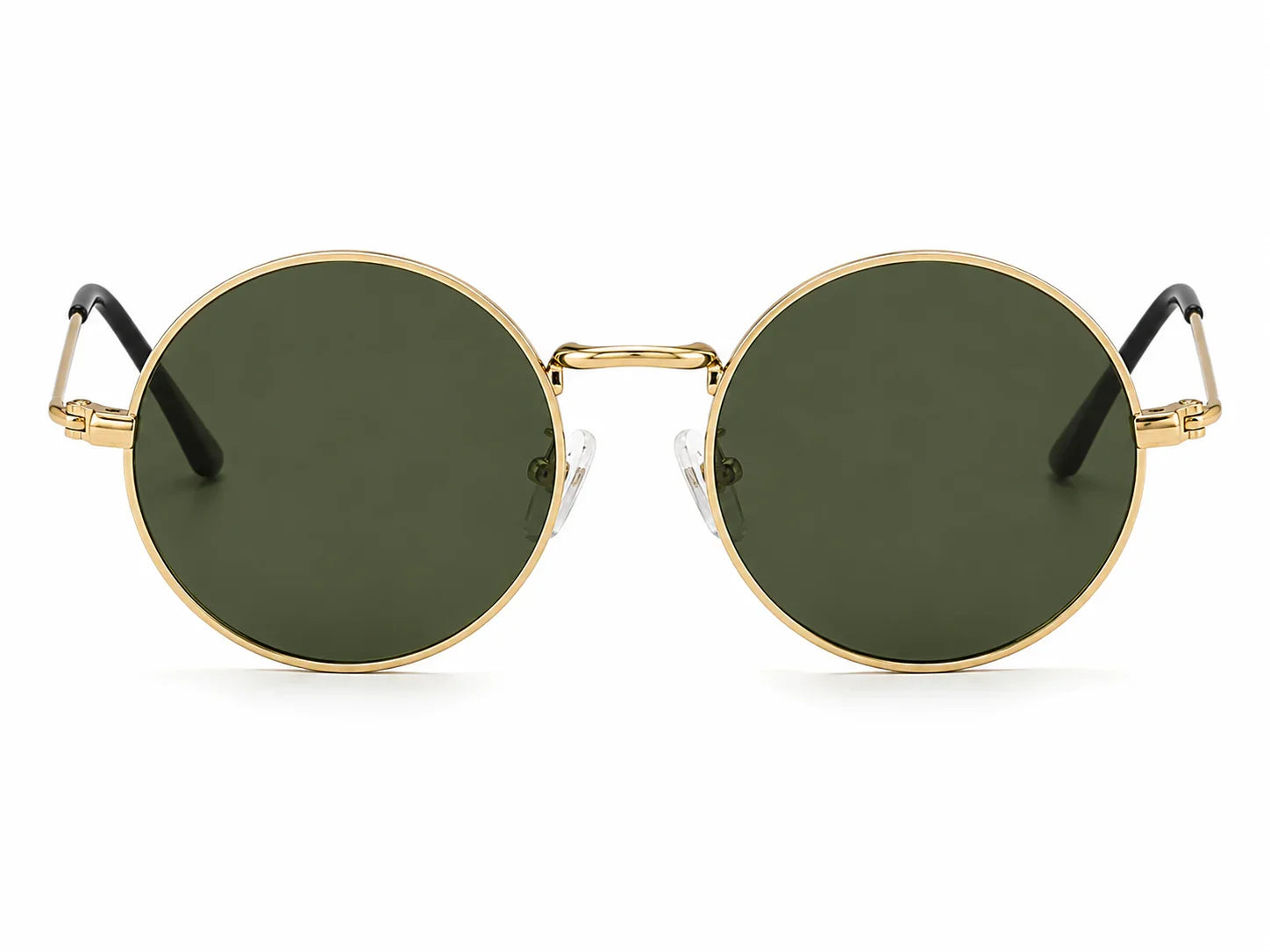 Round gold frame sunglasses with green polarized lenses, stylish UV protection for women