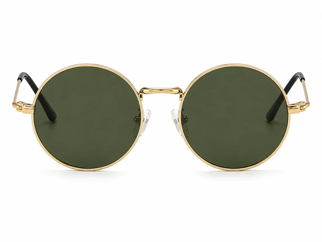 Round gold frame sunglasses with green polarized lenses, stylish UV protection for women