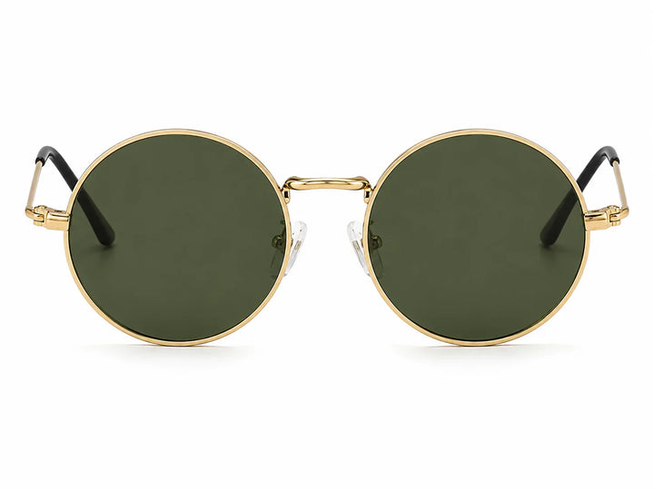 Round gold frame sunglasses with green polarized lenses, stylish UV protection for women